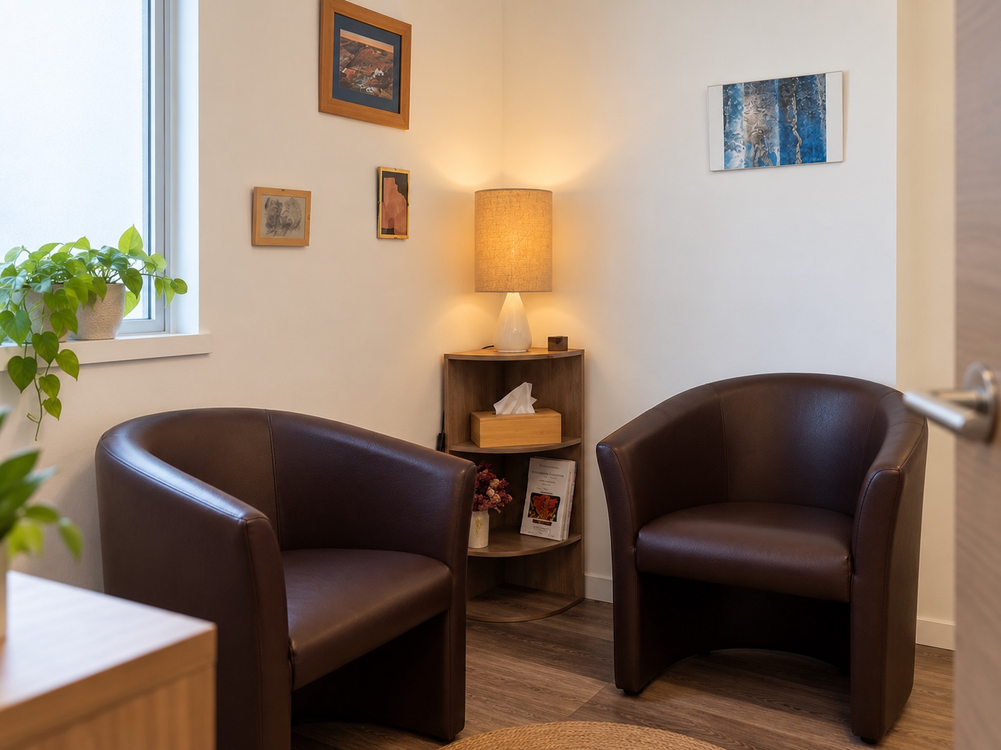 L'espace d'accueil du cabinet d'Isabelle Charpentier-Espert à La Chapelle-sur-Erdre : deux fauteuils et une lampe d'appoint
